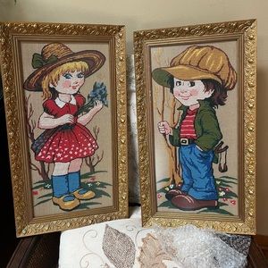 Vintage handmade needlepoint framed wall art